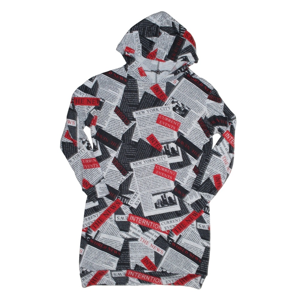 POOF New York Newspaper Print Hoodie Dress Black Red Graphic Size M